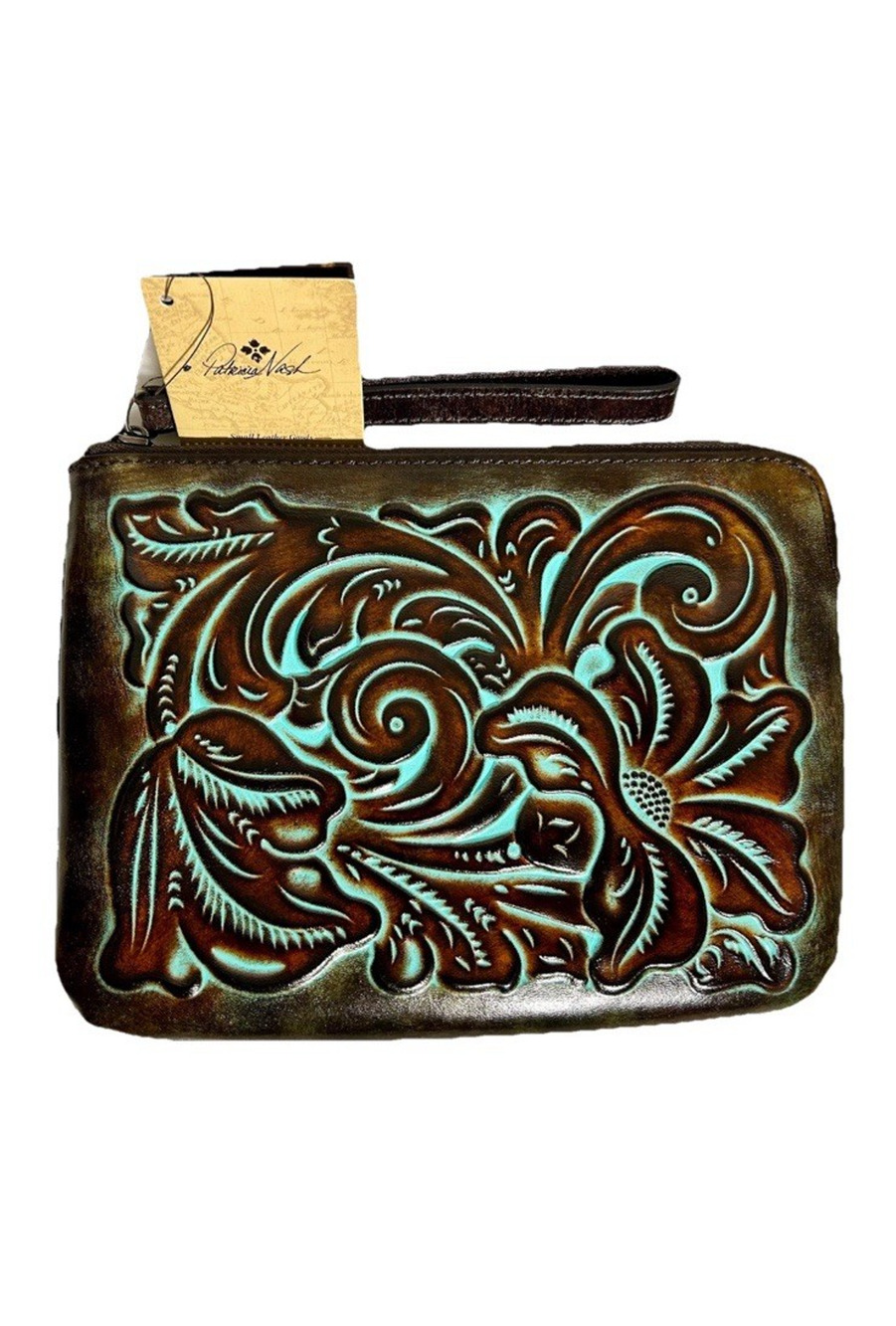 Patricia Nash Cassini Tooled Turquoise Brown Floral Leather Clutch Wristlet NWT